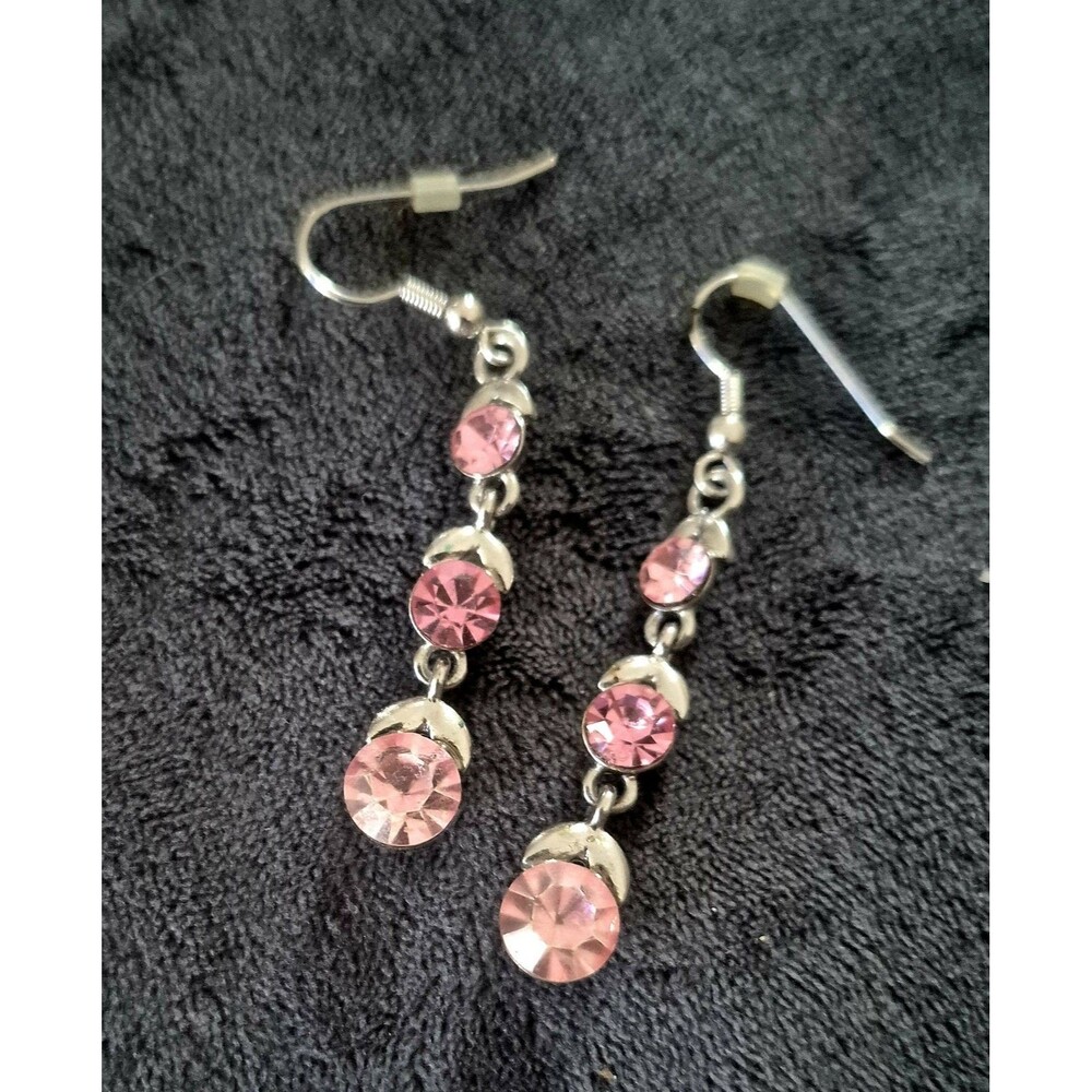 Vintage Silver Tone Pink Rhinestone Cascading Drop Dangle Earrings 1.75"